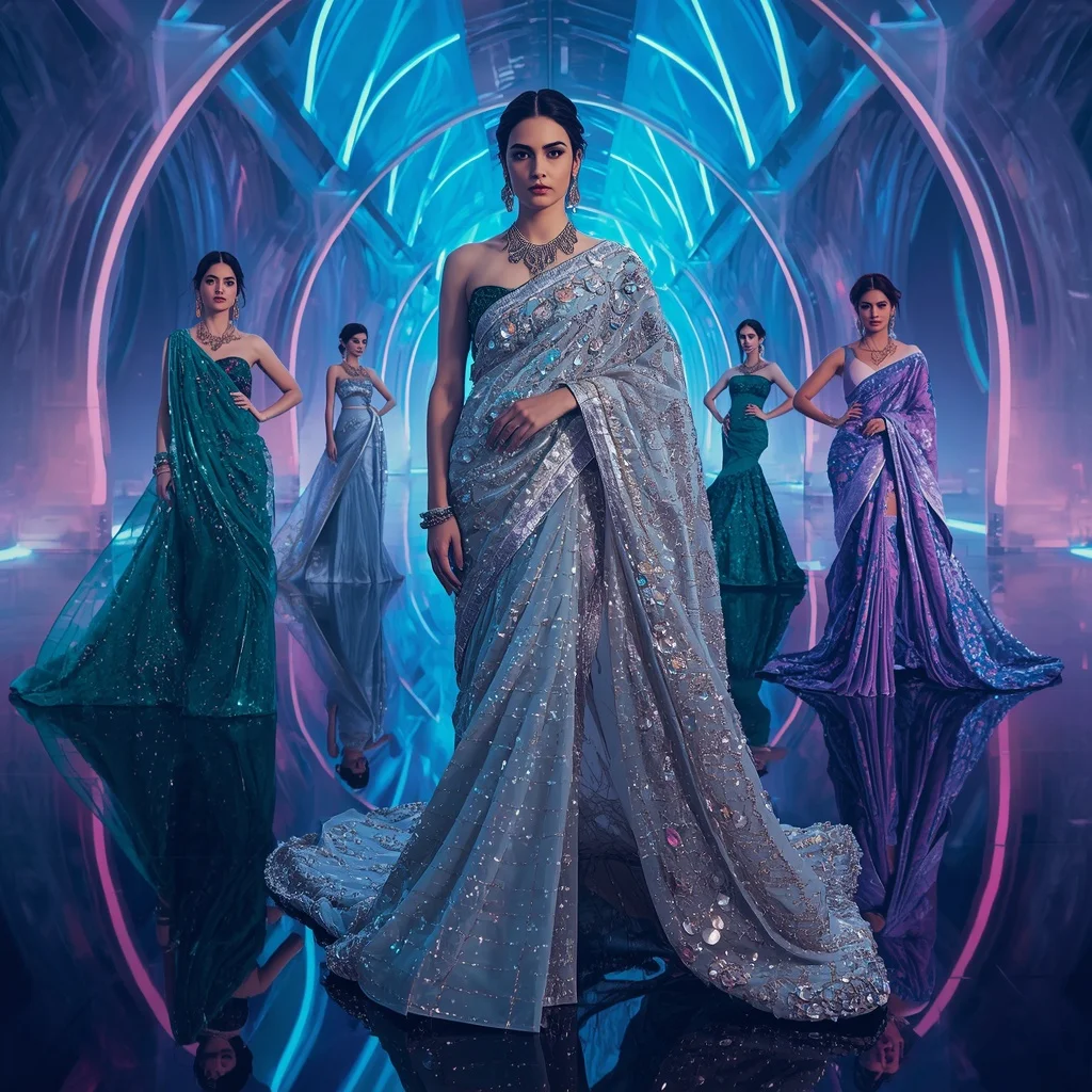 Mystic Crystal Empress Saree with Floating Neon Citadel | Beautiful Saree Girl Ai Prompt