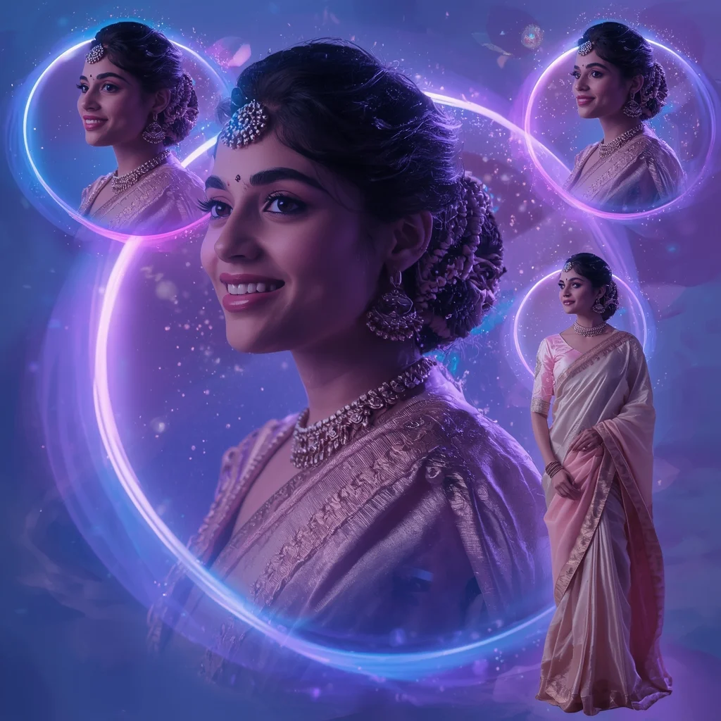 Mystic Indigo Aura Pastel Saree Indian Woman Premium Collage | Traditional Saree Prompt For Girl In English