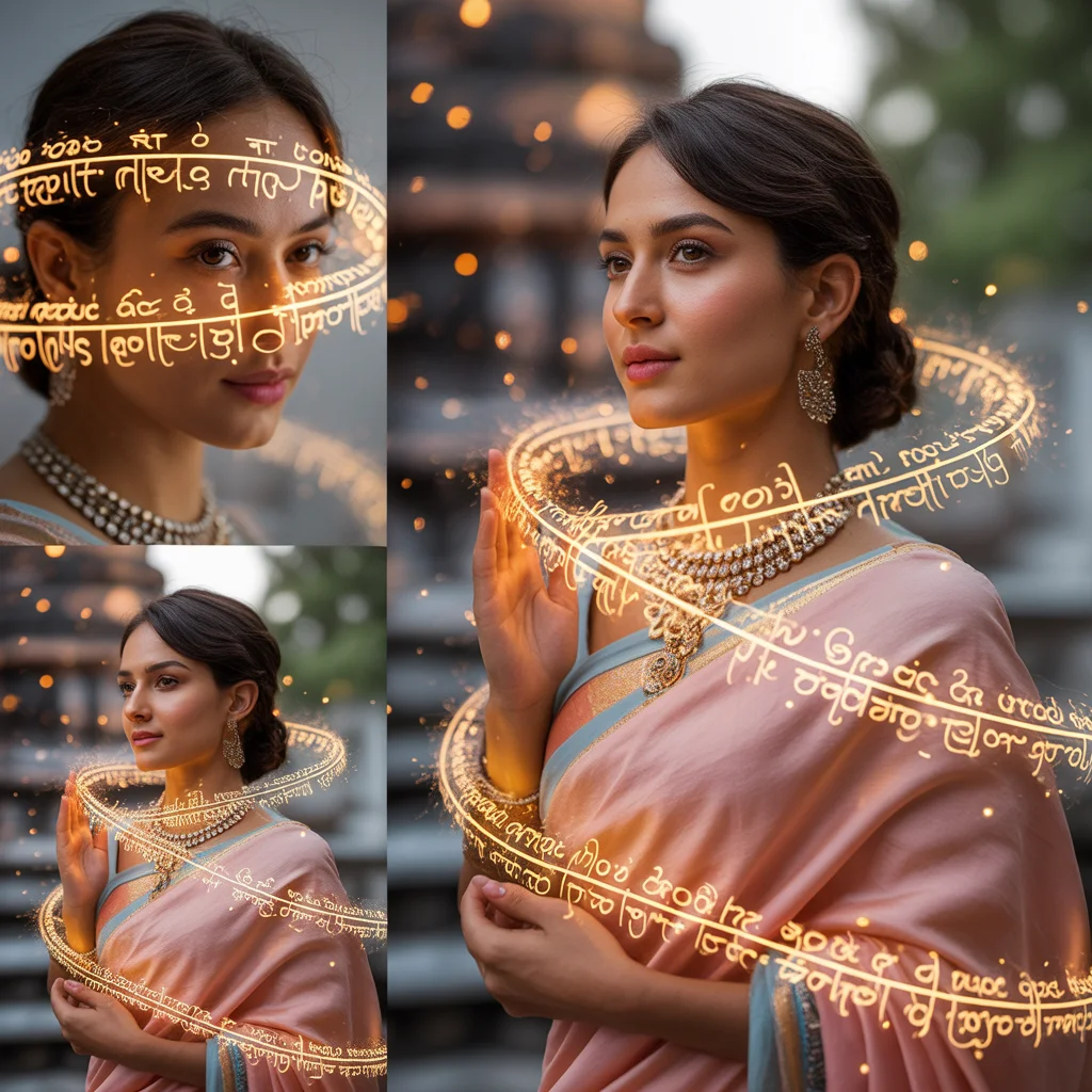 Mystical Luxury Pastel Saree Image Prompt for Women with Ancient Sanskrit Light Script | Saree Ai Prompt Copy Paste For Gemini
