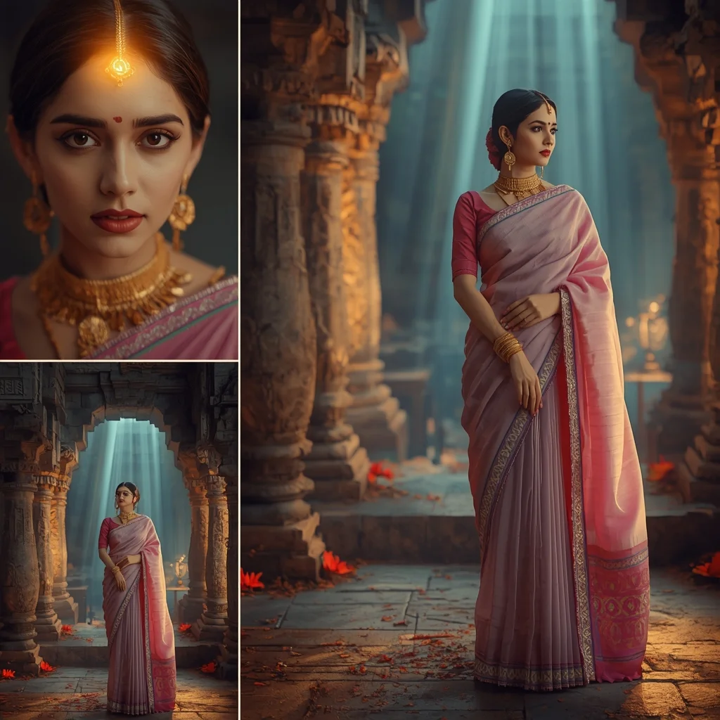Mystical Luxury Pastel Saree Image Prompt for Women with Ancient Temple Glow and Divine Aura | Saree Look Ai Prompt