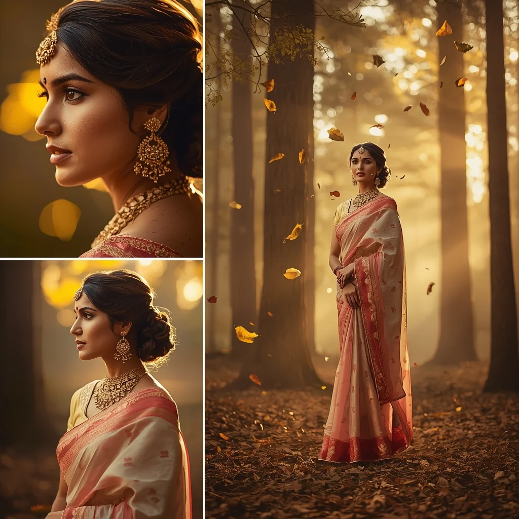 Nature Luxury Pastel Saree Image Prompt for Women with Golden Forest Mist and Regal Beauty | Saree Traditional Ai Prompt Indian Culture
