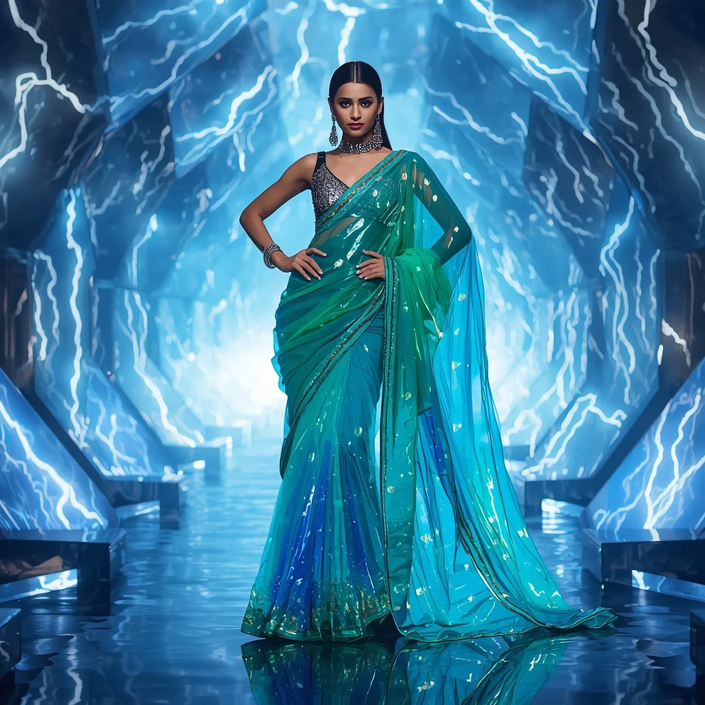 Neon Aqua Plasma Surge Saree – Futuristic Glam Saree with Power Surge Runway Pose and Plasma Surge Tunnel Background | Ultra Realistic Ai Prompt