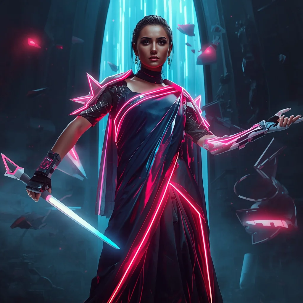 Neon Blade Storm Armor Saree with Cyber Rift Arena | Best AI Art