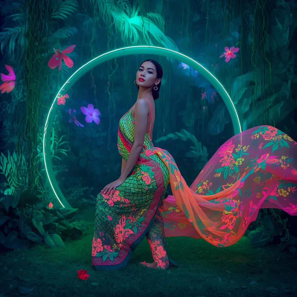 Neon Bloom Serpent Saree with Bio-Luminescent Jungle | Viral Ai Image Prompt