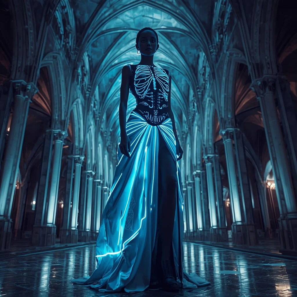 Neon Bone Cathedral Saree with Skeletal Light Architecture | Prompt For Girls Trending