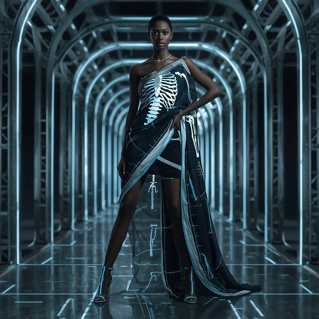 Neon Bone Fusion Saree with Synthetic Anatomy Hall | Whatsapp Dp Ai Prompt