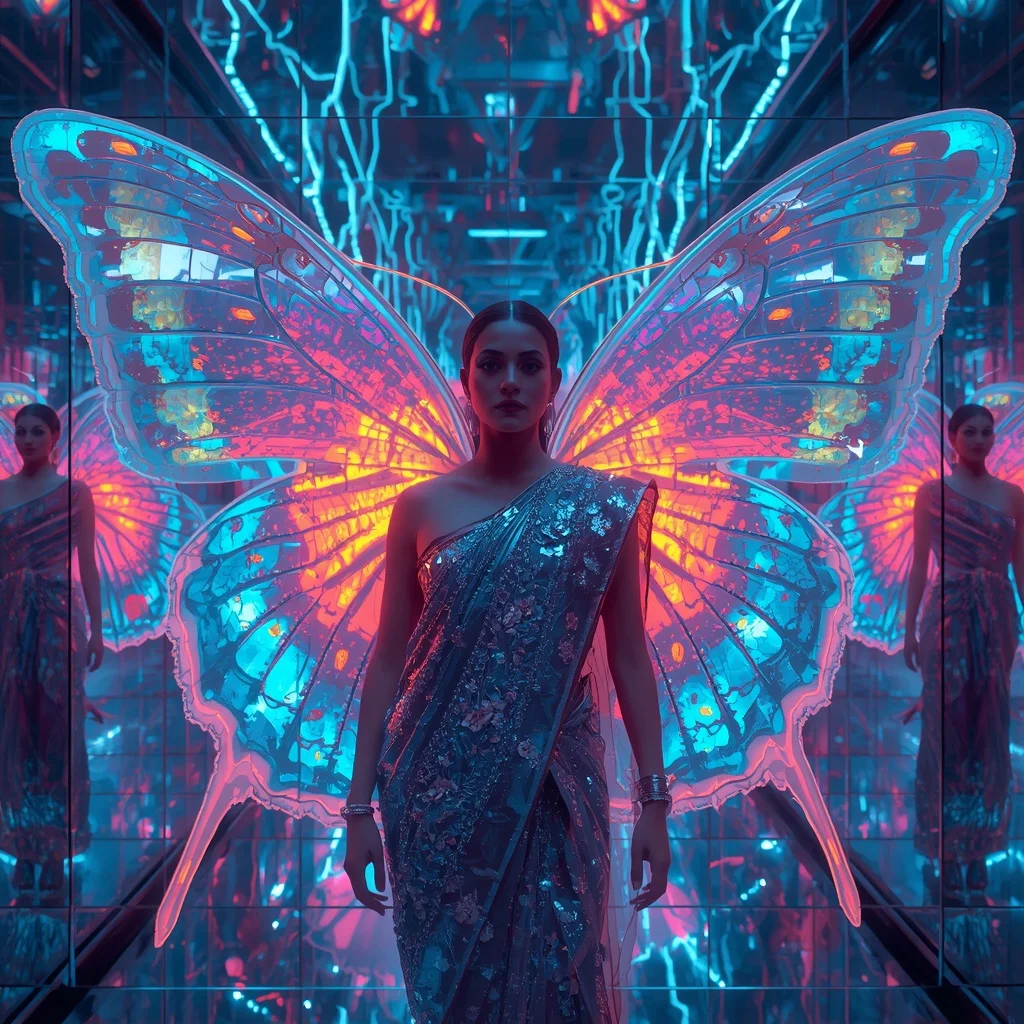 Neon Butterfly Cyber Saree Fashion Grid with Chrome Fantasy City Background | Indian Girl Ai Prompt