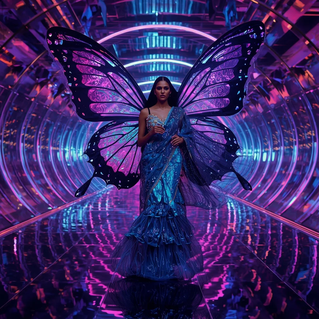Neon Butterfly Mirage Saree with Floating Glass Rings | Grok Ai Prompt
