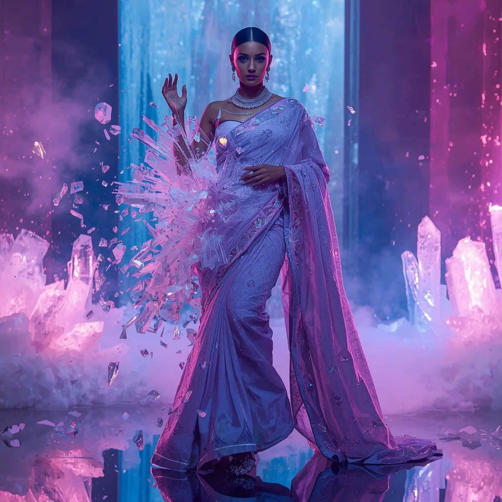 Neon Crystal Avalanche Saree with Frozen Motion Explosion | Indian Girl Ai Prompt