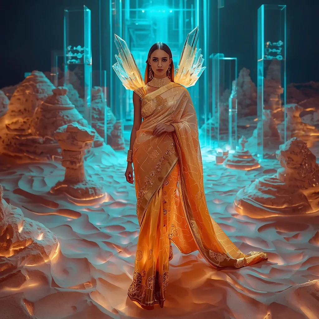 Neon Crystal Desert Mirage Saree with Floating Sand Geometry | Selfie Prompt
