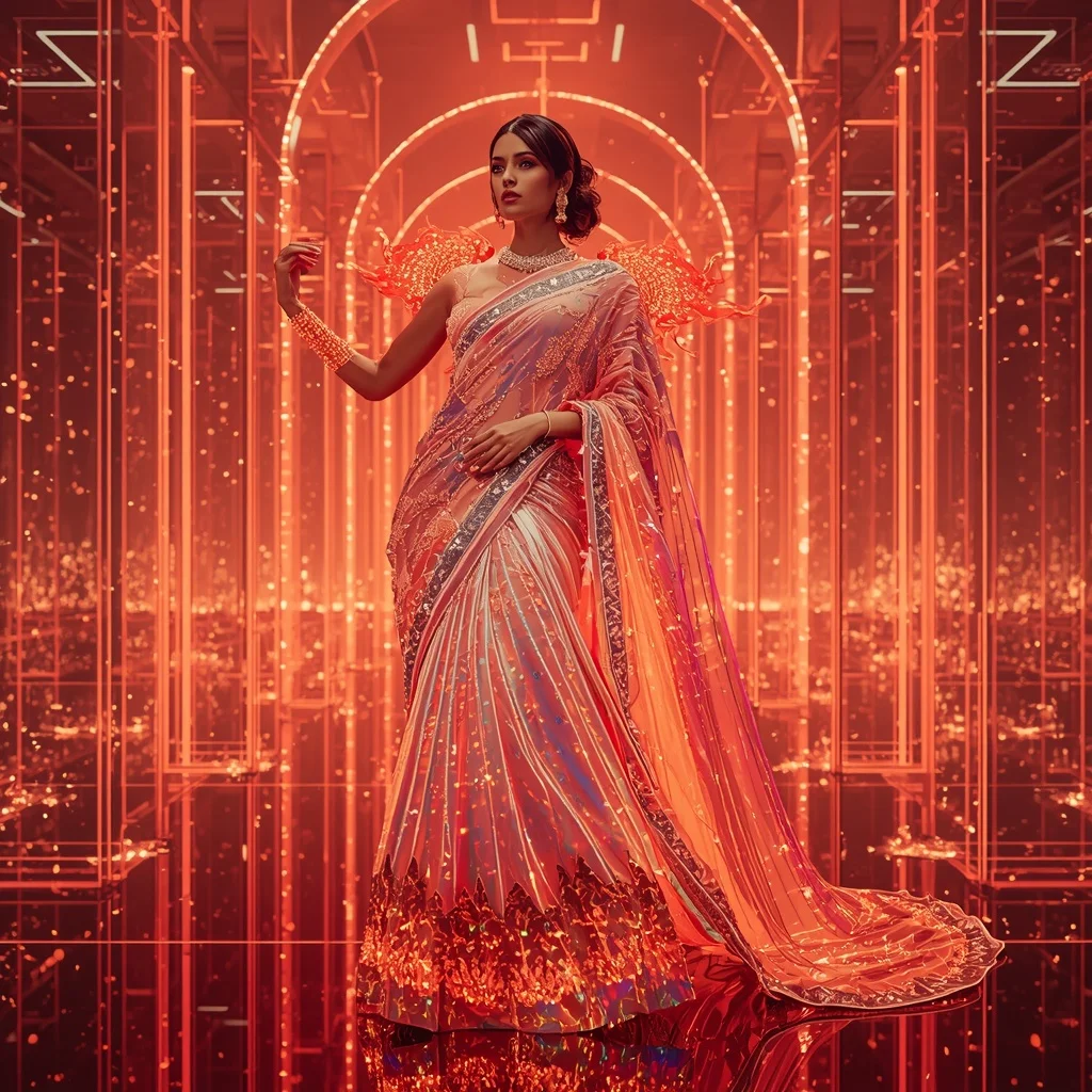 Neon Crystal Flame Saree – Ultra Futuristic Festival Saree with Flame Queen Pose and Crystal Flame Palace Background | Cinematic Ai Prompt