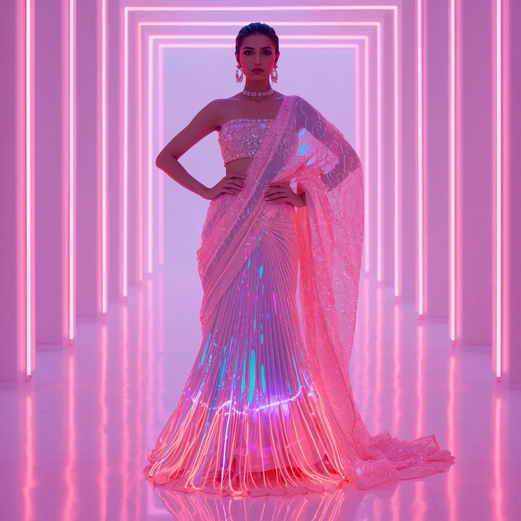 Neon Crystal Rift Pulse Saree – Futuristic Glam Saree with Bold Editorial Pose and Rift Pulse Hall Background | Gemini Ai Prompt Copy Paste