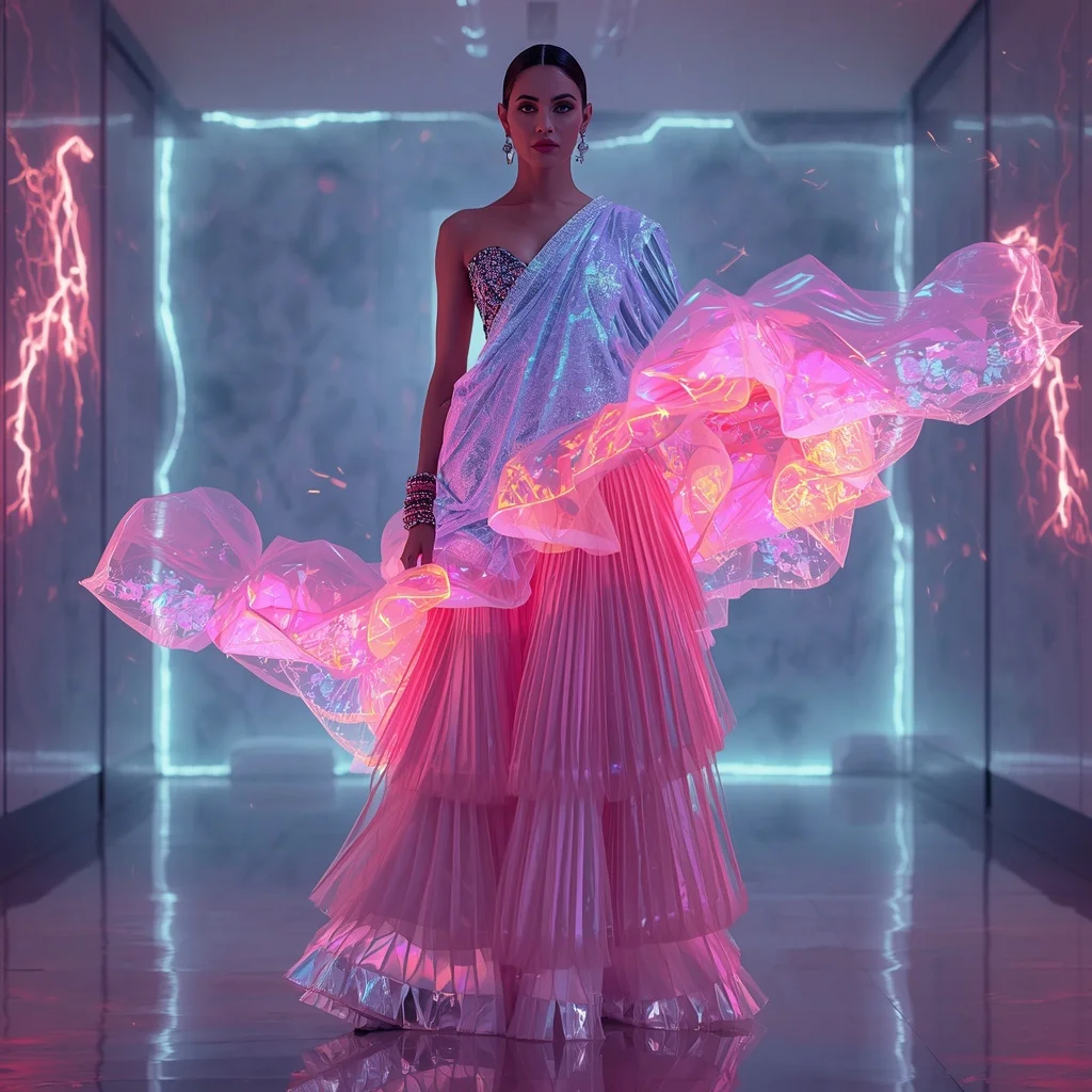 Neon Crystal Riftstorm Pulse Saree – Futuristic Glam Saree with Bold Editorial Pose and Riftstorm Pulse Hall Background | Wedding Ai Prompt