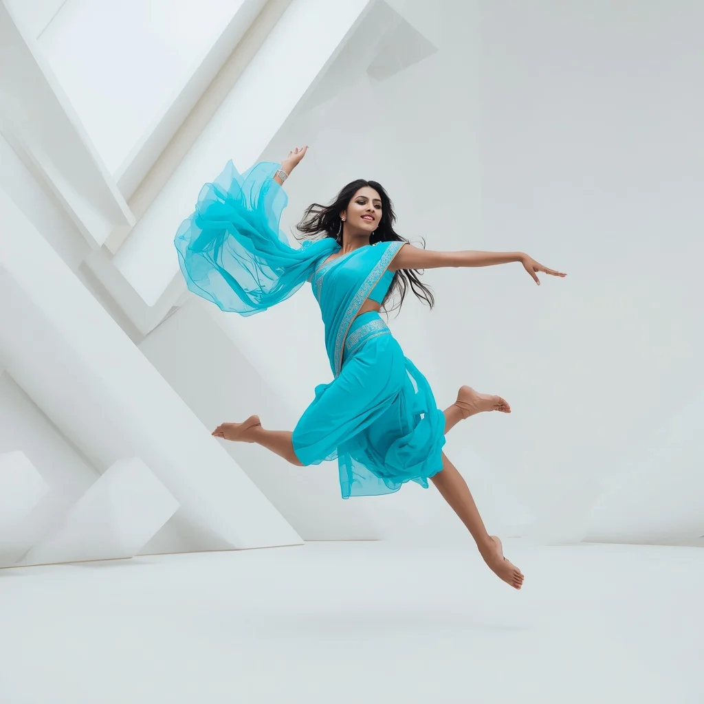 Neon Cyan Parachute Drape – Angular Mid-Air Leap with White Acoustic Pyramids | Gemini Prompt