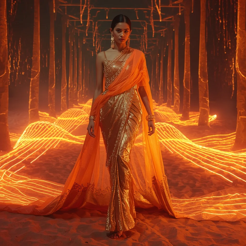 Neon Desert Mirage Saree with Heatwave Fabric Distortion | Gemini Ai Prompt Copy Paste