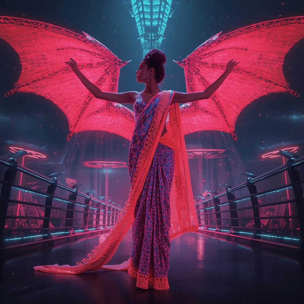 Neon Dragon Silk Saree with Cyber Sky Fortress | Leonardo Ai Image Prompt