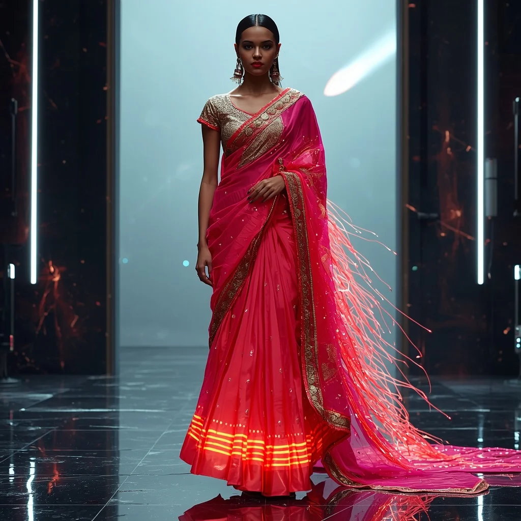 Neon Fire Meteor Rift Pulse Saree – Futuristic Festival Saree with Dynamic Walk Pose and Meteor Rift Pulse Chamber Background | Ai Prompt Generator Free