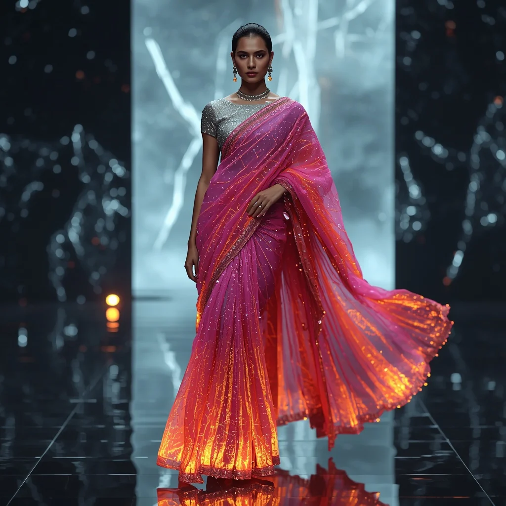 Neon Fire Meteor Rift Saree – Futuristic Festival Saree with Dynamic Walk Pose and Meteor Rift Chamber Background | Prompt For Gemini AI Girl