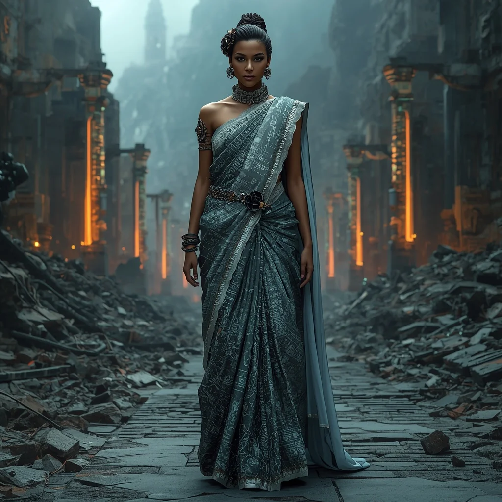Neon Fossil Core Saree with Ancient Machine Ruin City | Ai Girl Image Prompt