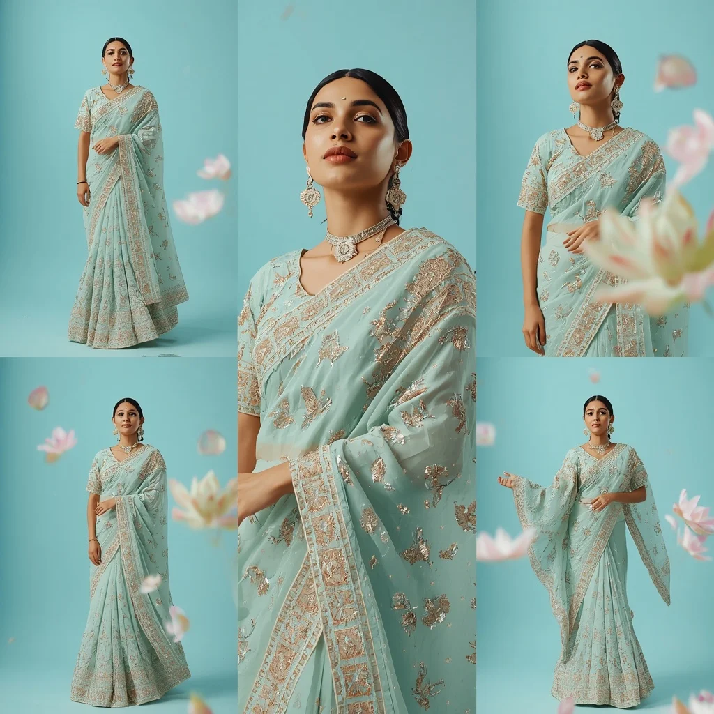 Neon Glowing Lotuses Heavy Festive Saree Look Premium | Trending Girl Photo Prompt