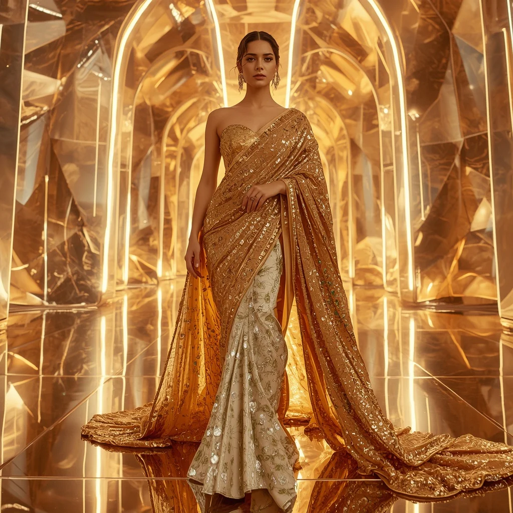 Neon Gold Infinity Saree with Royal Runway Poses and Futuristic Prism Citadel | Luxury Ai Prompt