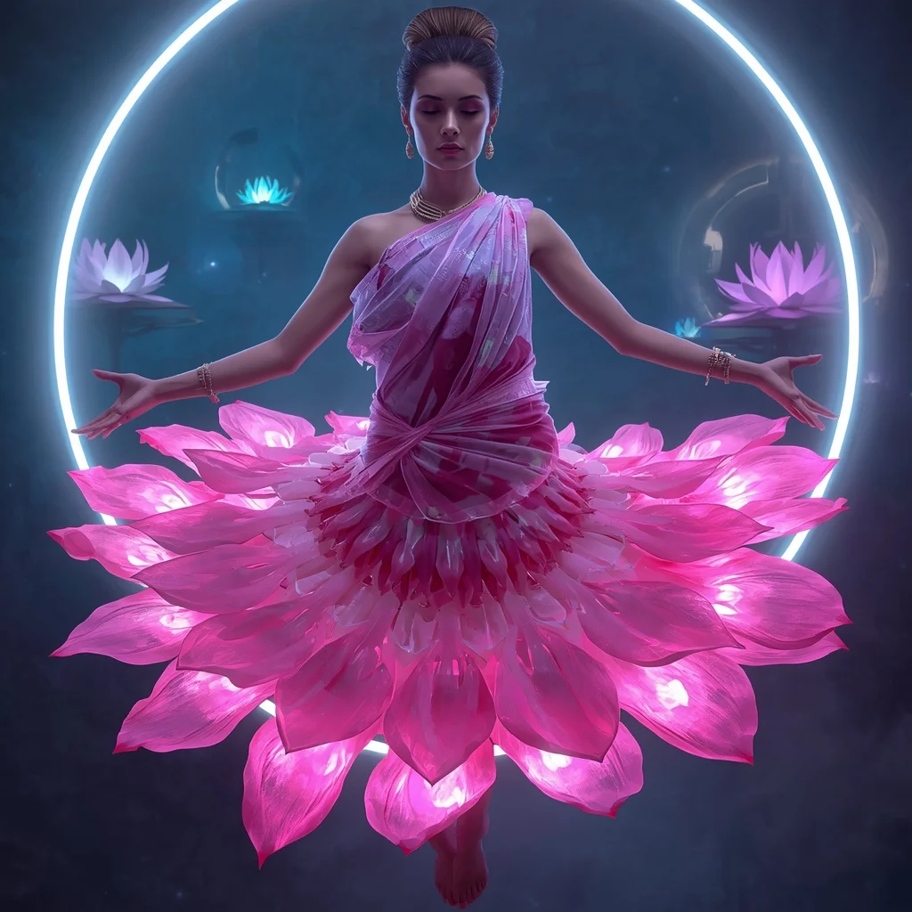 Neon Gravity Lotus Saree with Floating Temple Rings | Gemini Ai Photo Prompt Copy Paste