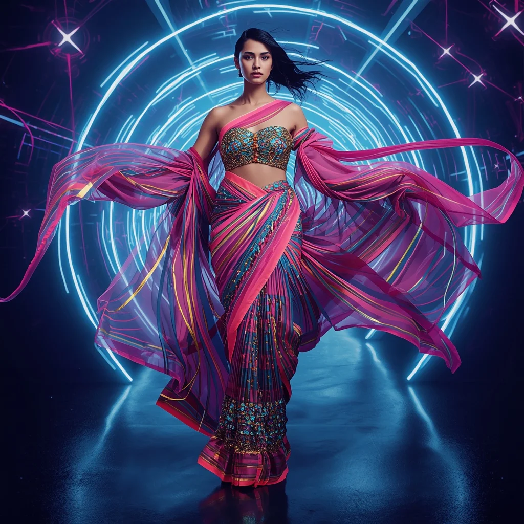 Neon Gravity Ribbon Saree with Floating Light Vector Tunnel | Prompt Seen Horror Girl