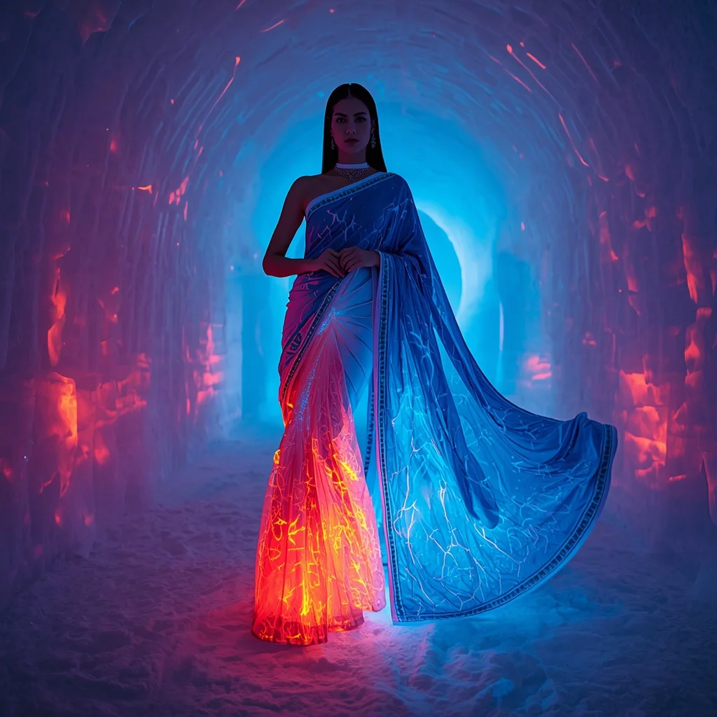Neon Ice Silk Sovereign Saree with Frozen Fire Corridor | New Instagram Trend Prompt For Girl Copy And Paste