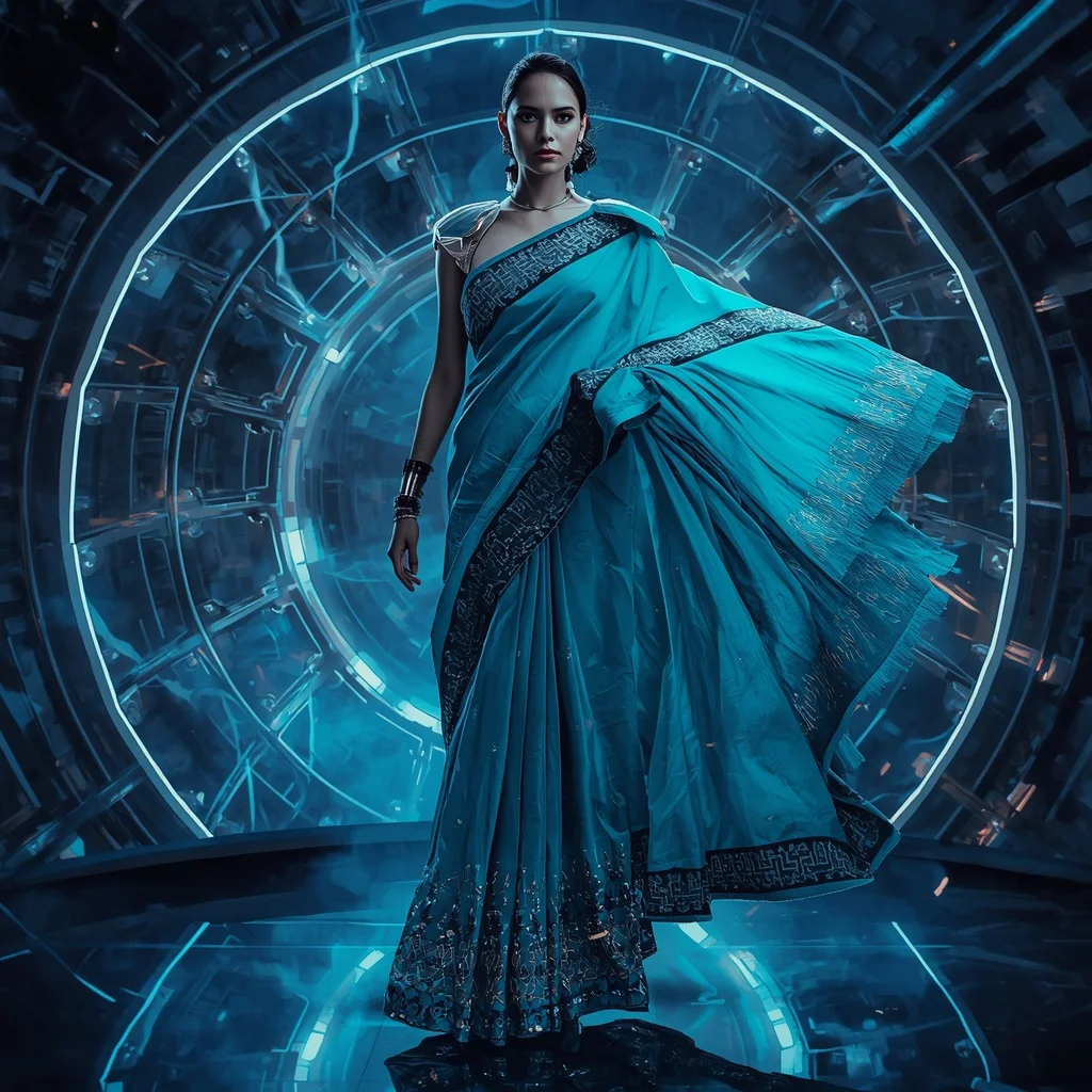 Neon Magnetic Fabric Saree with Floating Metal Threads | South Indian Prompt For Gemini Girl Instagram