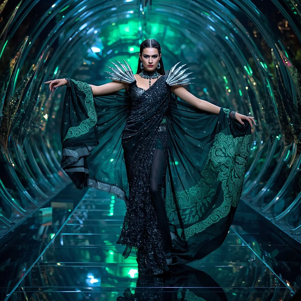 Neon Panther Empress Saree with Floating Chrome Claws | Saree Ai Prompt