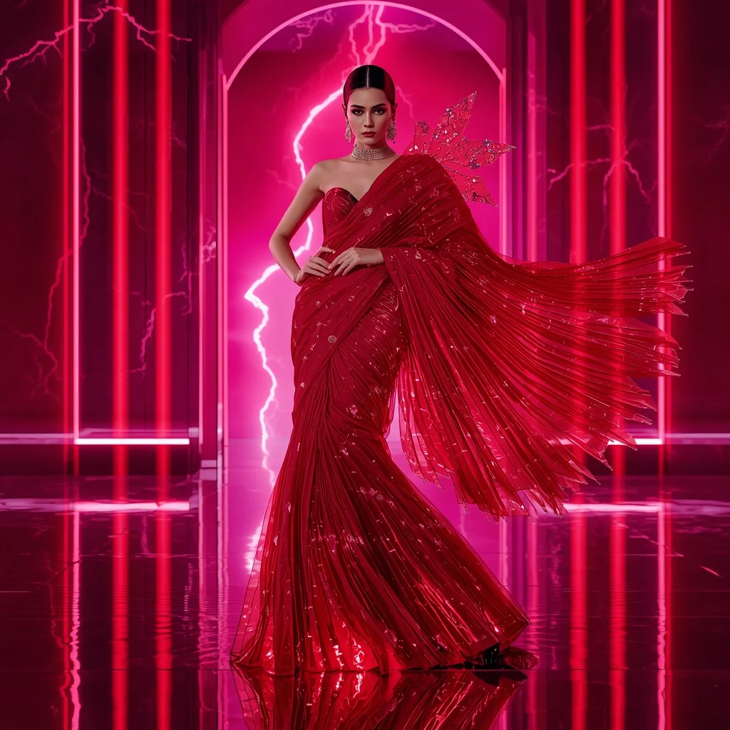 Neon Ruby Storm Saree – Ultra Futuristic Festival Saree with Ruby Queen Pose and Storm Ruby Palace Background | Makeup Ai Prompt