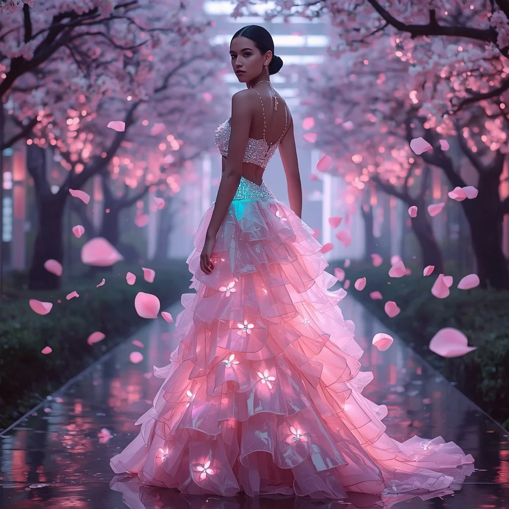 Neon Sakura Cyber Bloom Saree with Digital Petal Storm | Flux Ai Prompt