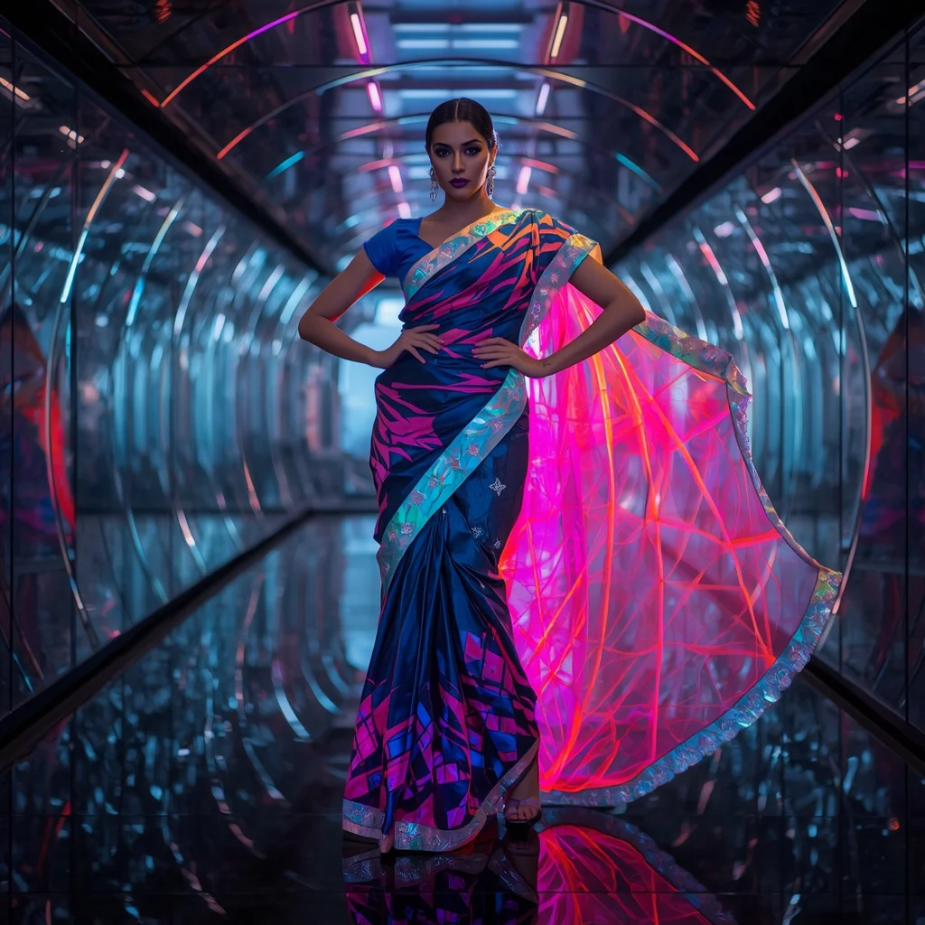 Neon Smoke Orbit Saree – Futuristic Celebrity Saree with Fashion Walk Pose and Orbit Reflection Tunnel Background | New Instagram Trend Prompt For Girl Aesthetic