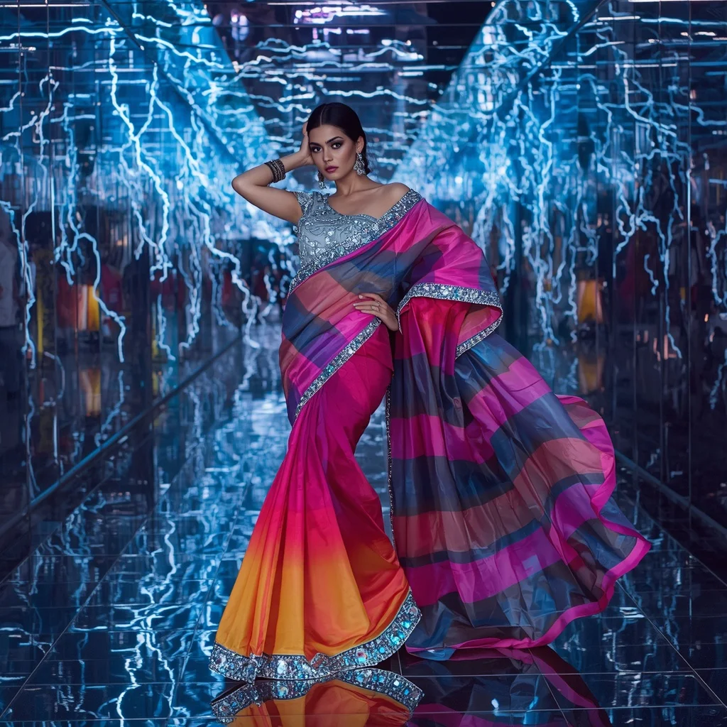 Neon Smoke Thunder Saree – Futuristic Celebrity Saree with Fashion Walk Pose and Thunder Reflection Tunnel Background | Trending Prompt Girls Instagram
