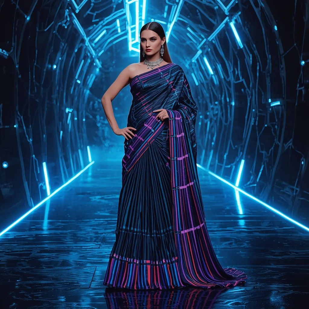 Neon Spine Fabric Saree with Electric Rift Corridor | Instagram Influencer Ai Prompt