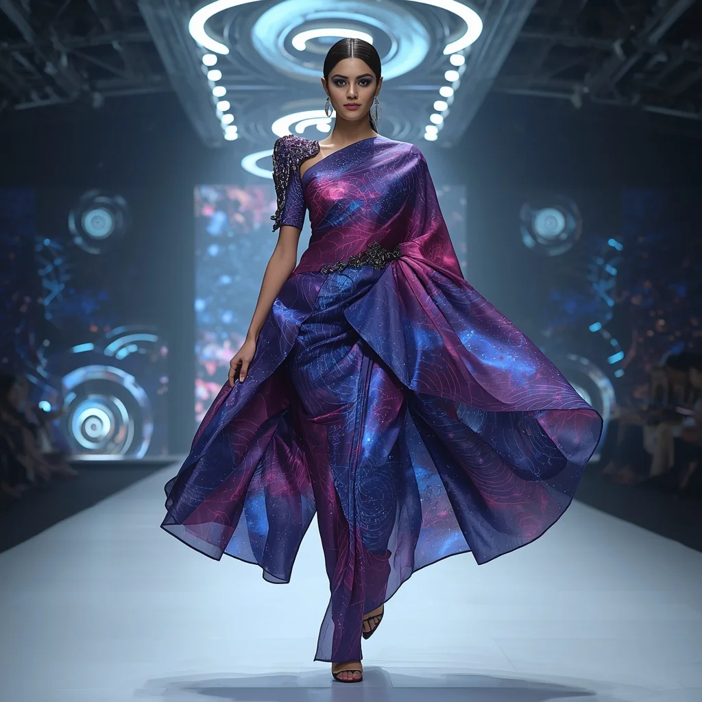 Neon Spiral Galaxy Saree with Rotating Space Architecture | Prompt For Girls Trending