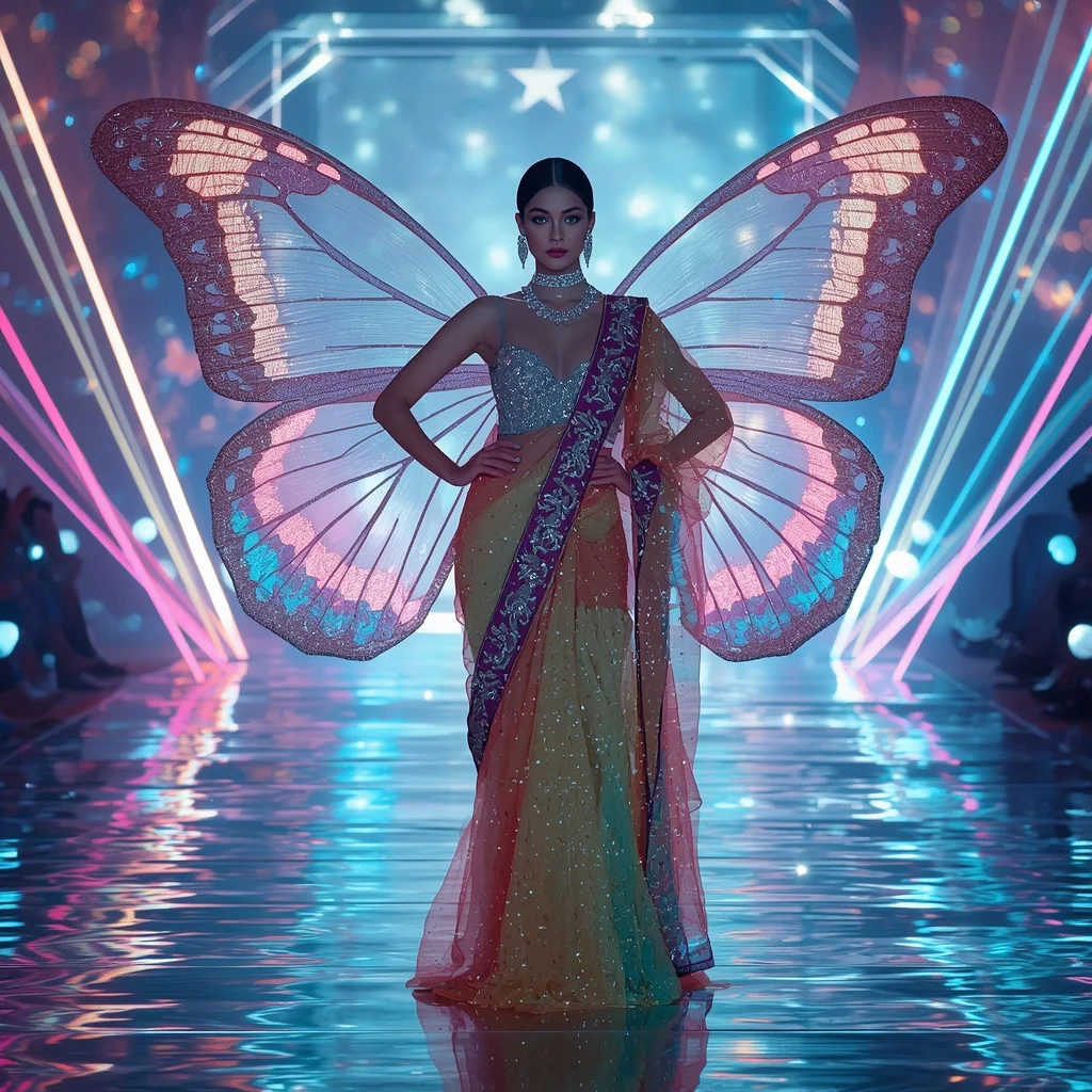 Neon Stardust Butterfly Saree with Futuristic Prism Arena Background | Gemini Photo Editing Prompt