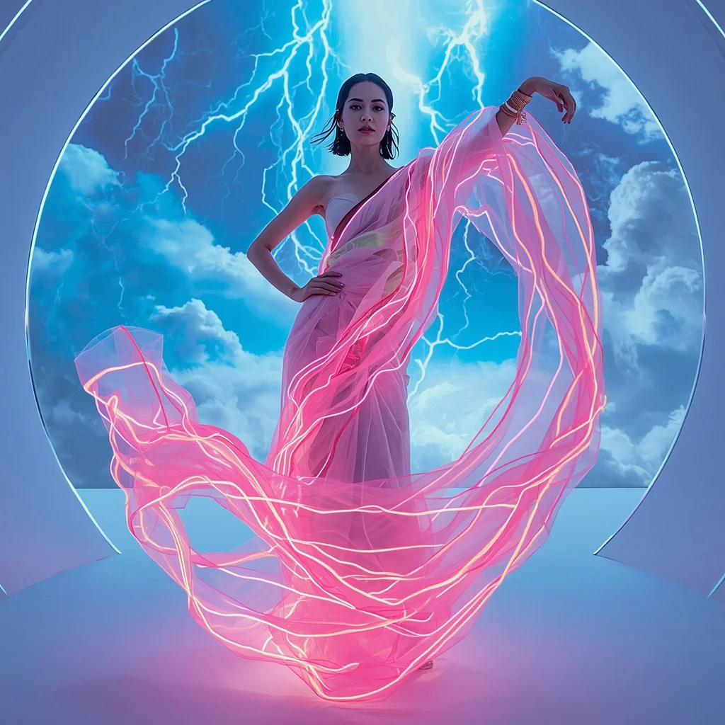 Neon Storm Ribbon Saree with Electric Sky Cyclone | Fantasy Ai Prompt