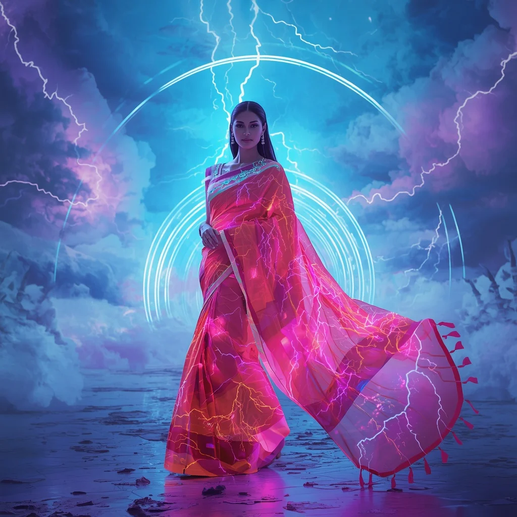 Neon Storm Silk Saree with Electric Sky Corridor | Prompt For Gemini Ai Girl Model Instagram