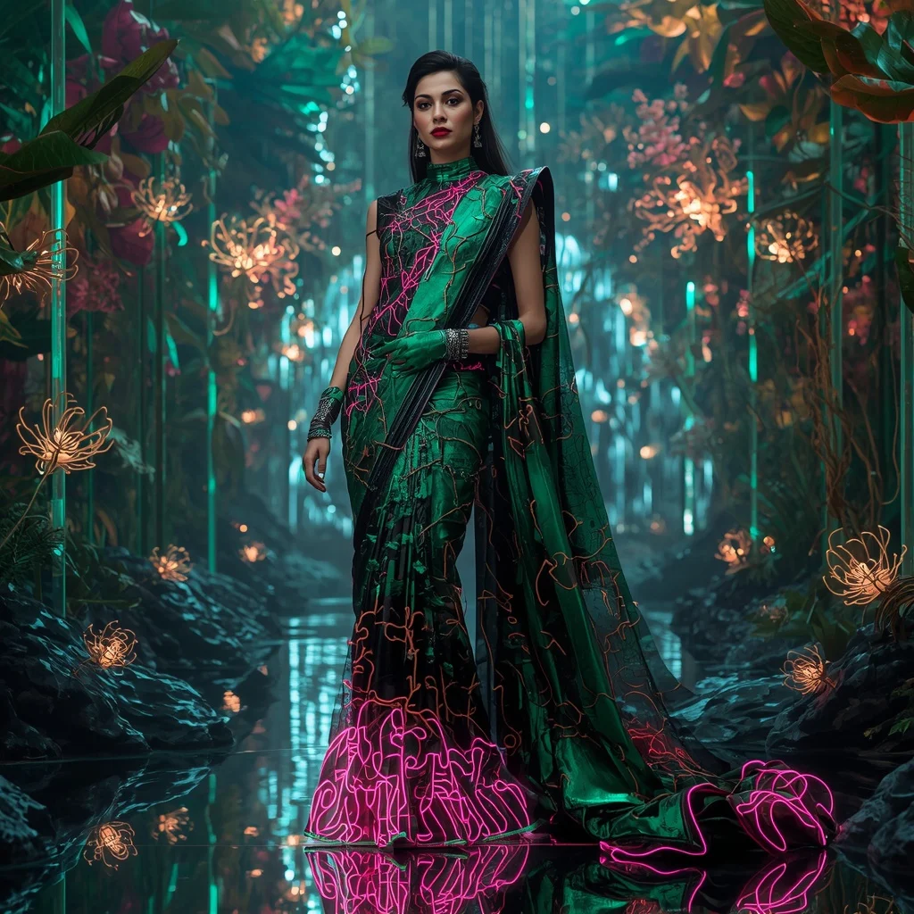 Neon Vine Circuit Saree with Floating Bio Matrix Garden | Attitude Ai Prompt