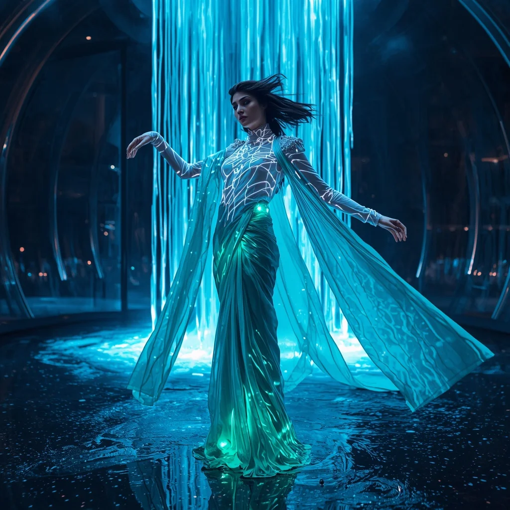 Neon Water Inkfall Saree with Vertical Liquid Streams | Ai Portrait Prompt