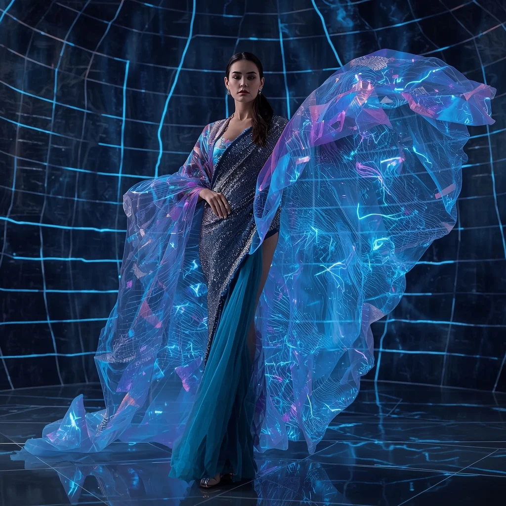 Neural Silk Storm Saree with Digital Weather Grid | Girls Trending Prompt Gemini Instagram