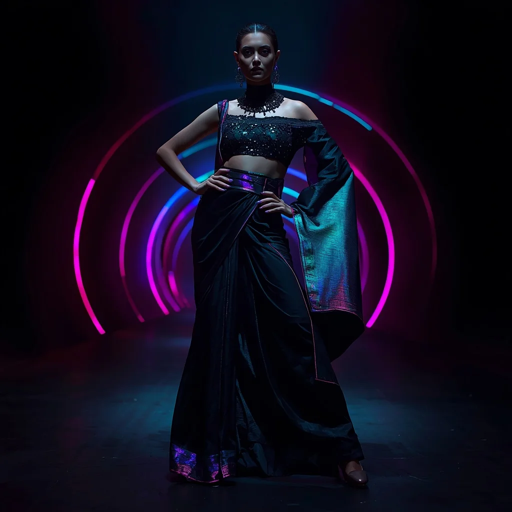 Obsidian Aurora Blade Saree with Shadow Light Corridor | Desi Saree Ai Prompt