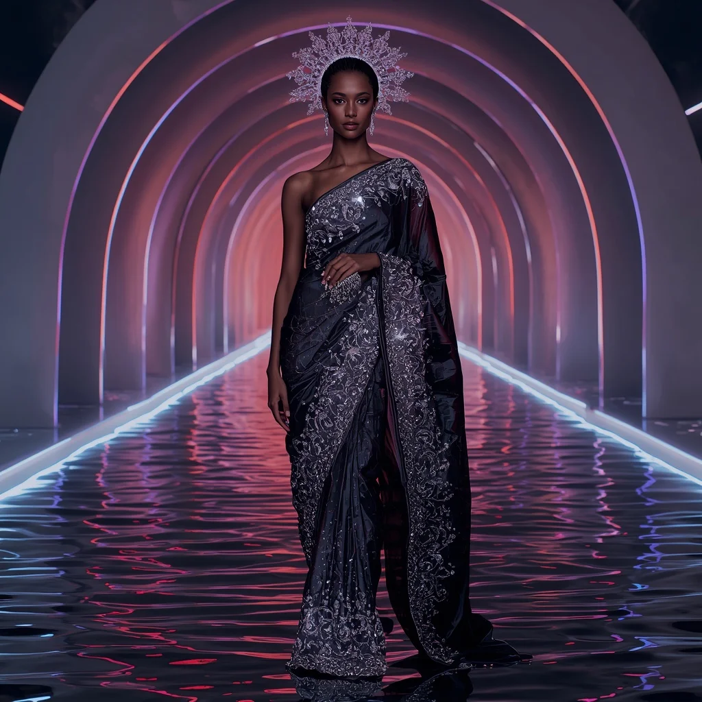 Obsidian Aurora Hyperverse Saree with One Hundred Couture Poses and Infinity Neon Water Hyperrealm | Gemini Photo Prompt