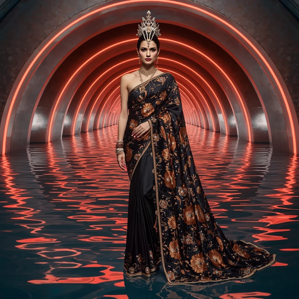 Obsidian Aurora Lotus Saree with Fifteen Couture Poses and Infinity Neon Water Empire | Wedding Ai Prompt