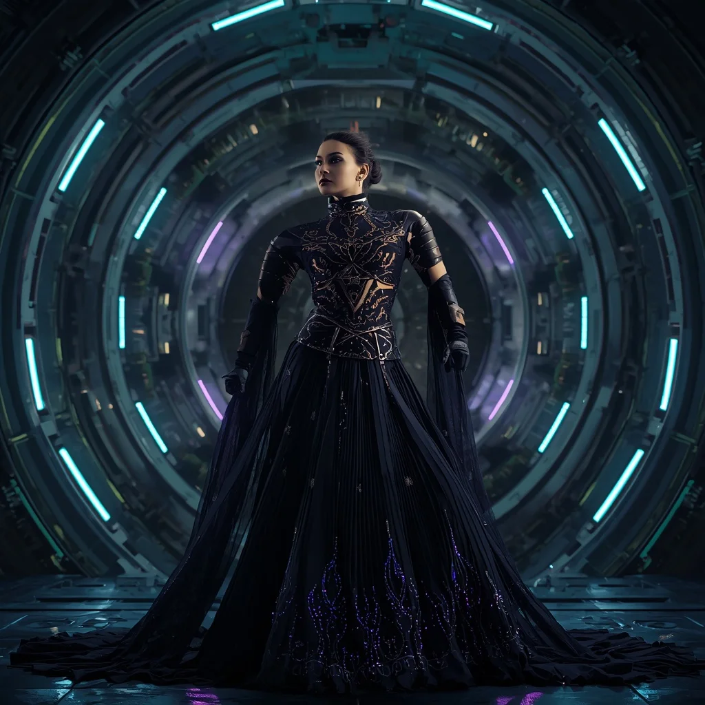 Obsidian Comet Singularity Apex Quantum Armor Saree with Hypervault Corridor Matrix Collapse Nexus Core System Engine | Text To Image Prompt