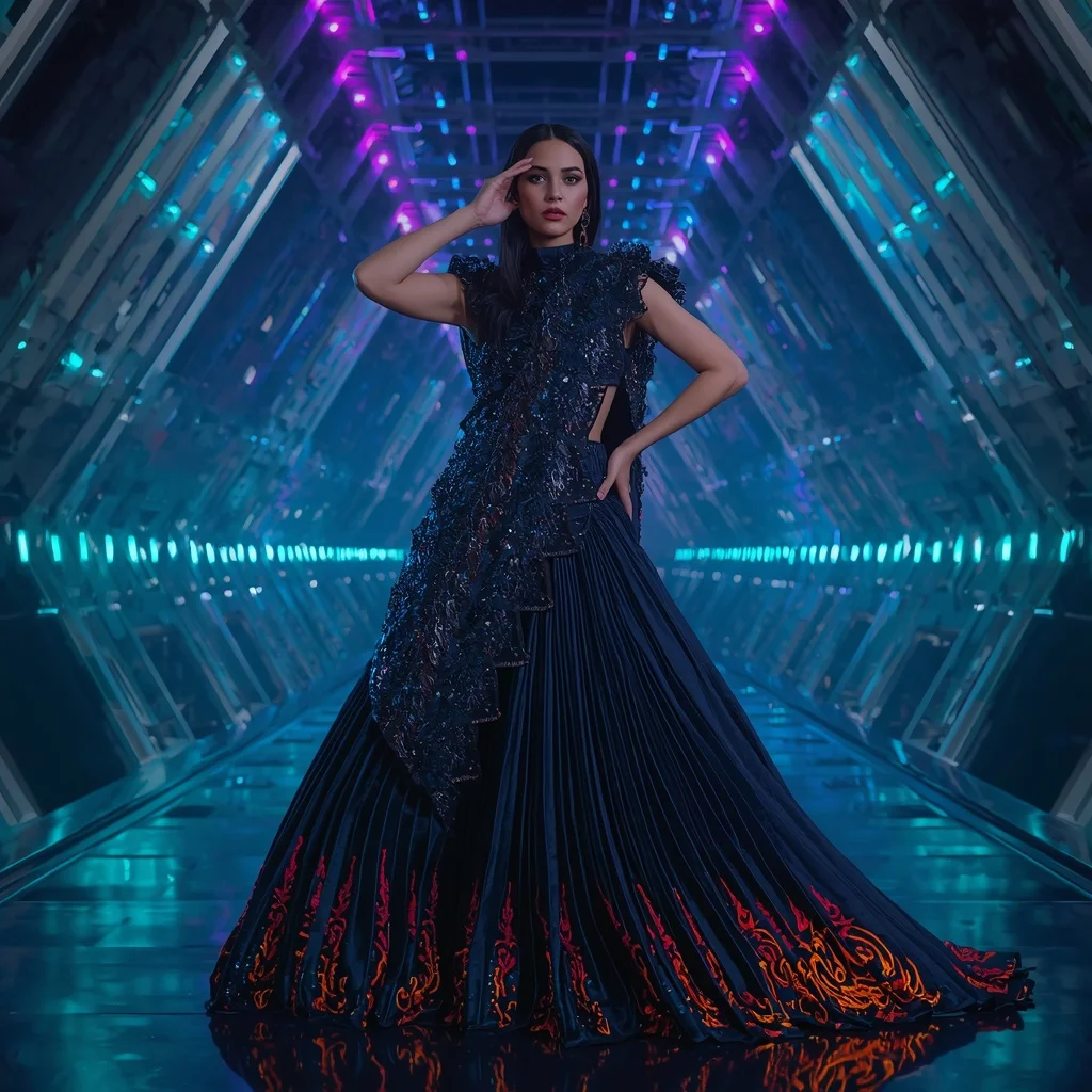 Obsidian Comet Singularity Armor Saree with Quantum Neon Hypervault Corridor Matrix Grid Collapse Nexus Core System | Influencers Ai Prompt