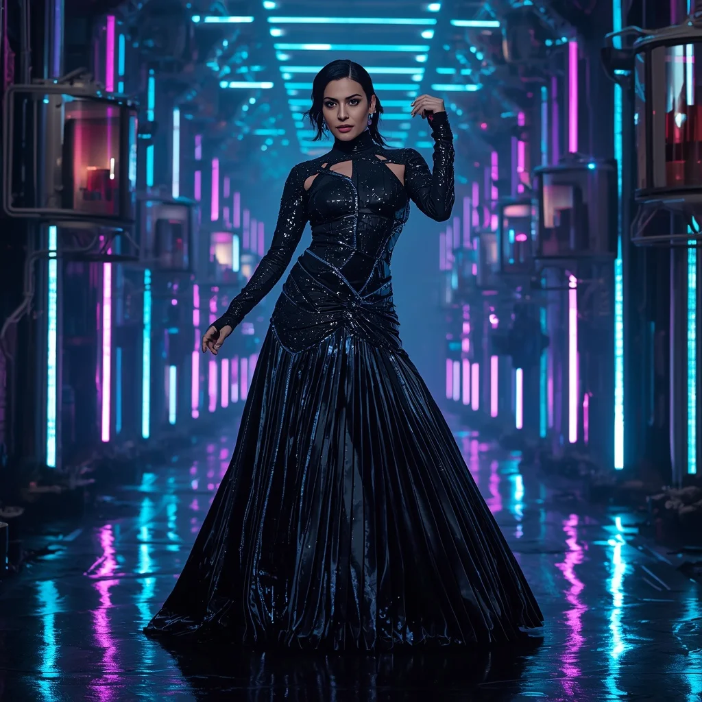 Obsidian Comet Singularity Infinity Armor Saree with Quantum Neon Hypervault Corridor Matrix Collapse Nexus System | Ai Image Prompt