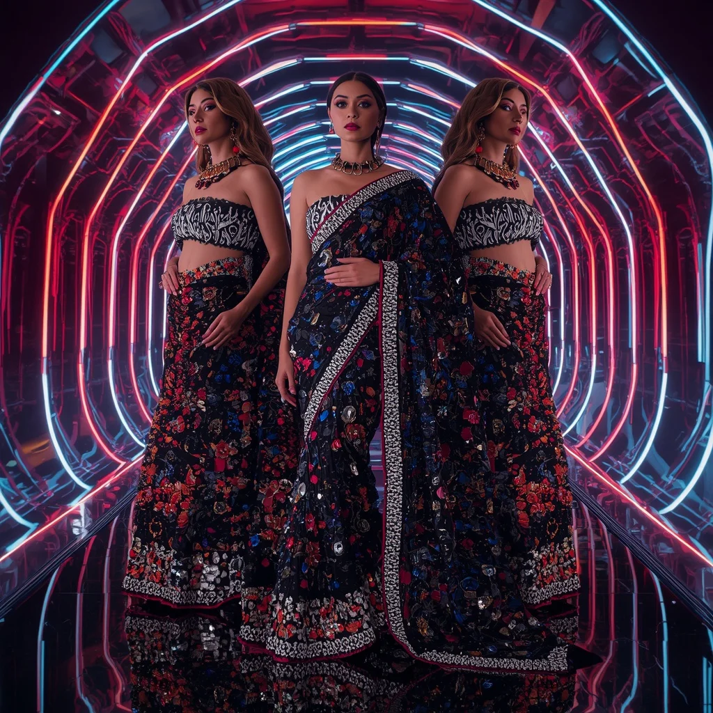 Obsidian Crystal Queen Saree with Infinity Mirror Poses and Neon Hypercosmos Palace | Travel Ai Prompt