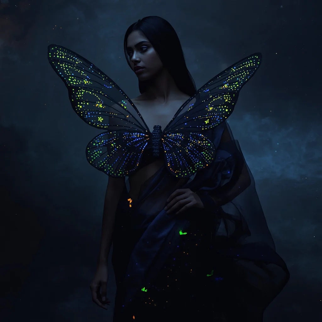 Obsidian Firefly Bioluminescent Saree with Dark Nebula Background | Instagram Post Ai Prompt
